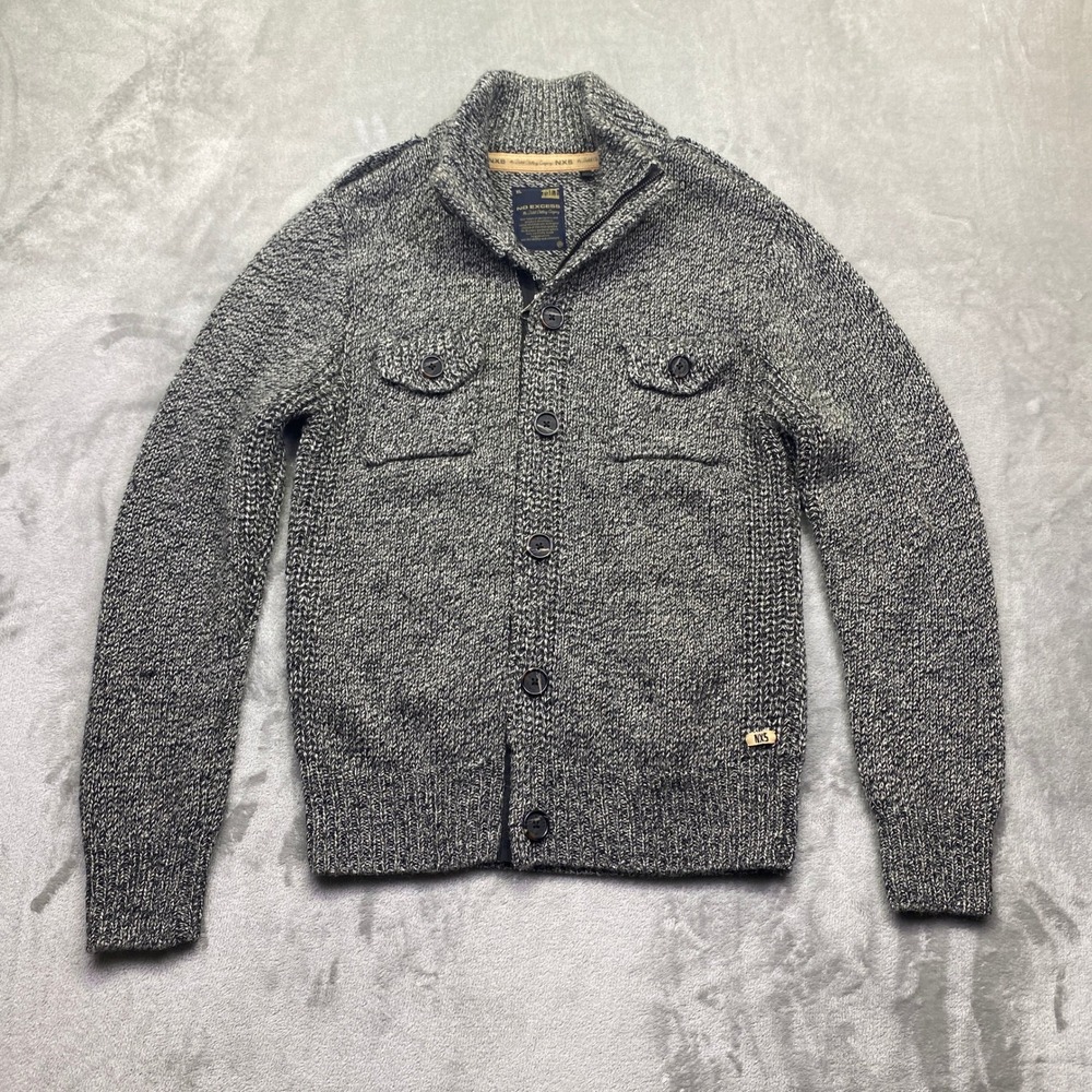 No Excess Mens XL Grey Marled Wool Blend Full Button Mock Neck Cardigan Sweater